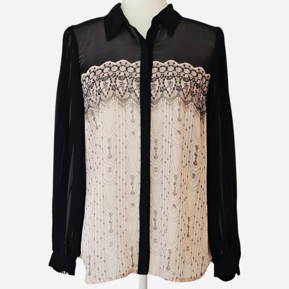 LC LAUREN CONRAD Women's Size S Black‎ and Cream Lace Print Sheer Blouse